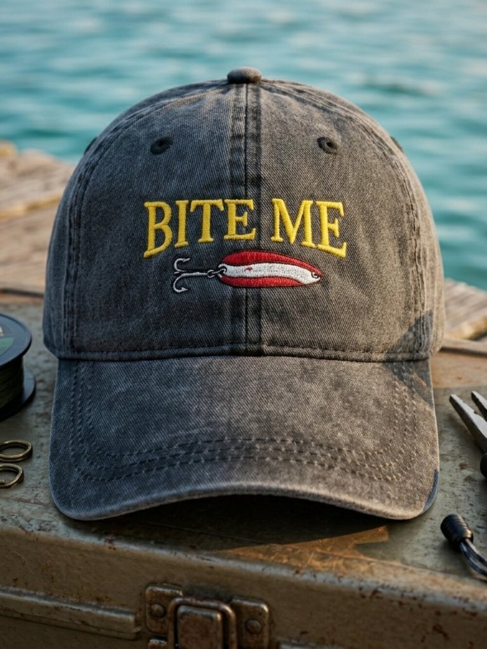 Bite Me Fishing Lure Embroidered Washed Black Cotton Dad Hat Snapback Cap Angler